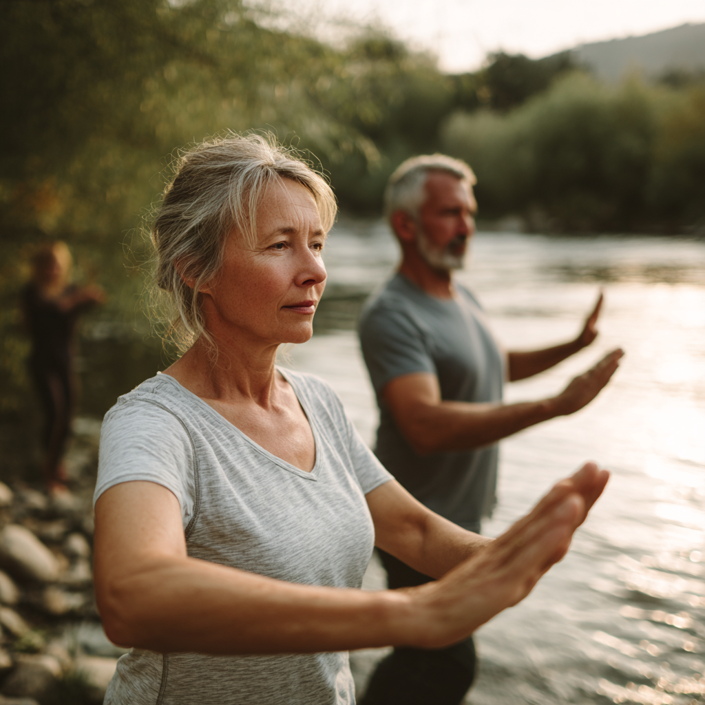 Middle-aged adults practicing gentle movement exercises in natural environment