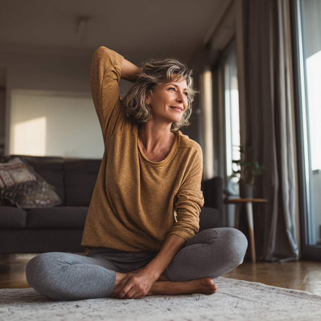 Middle-aged woman doing gentle stretching exercises at home