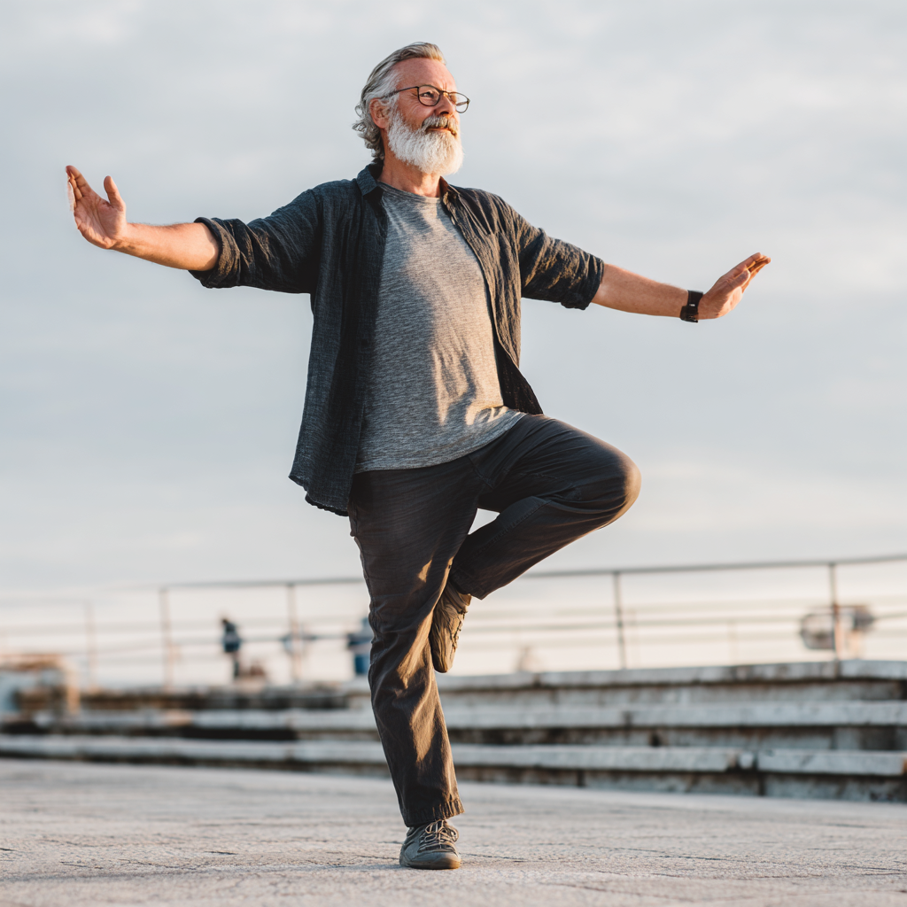 Older adult man practicing balance exercises outdoors